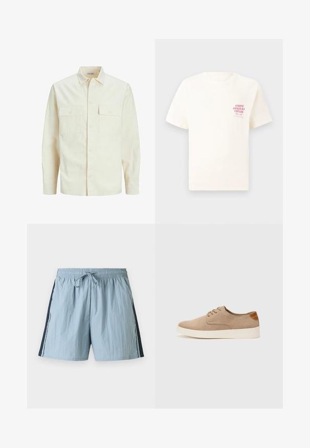 Gai bēšs garām piedurknēm krekls ar apkakles izgriezumu, divām priekšējām kabatām, pogu aizdari un teksturētu audumu.; Balts īsām piedurknēm T-krekls ar sarkanu tekstu "Studio Originals Edition" uz kreisā krūšu, pakārtots neitrālā pelēkā fonā.; Gaiši zili peldēšanas šorti ar elastīgu jostasvietu un lentu. Iespējami tumši zili sānu paneļi un balta apmale gar malām. Viegls audums.; Beige zamšādas kedas ar noapaļotu purngala daļu, auklēm saplacinātu priekšpusi un teksturētu aizmugures akcentu. Balta gumijas zole nodrošina kontrastu. Vienkāršs un mūsdienīgs dizains.