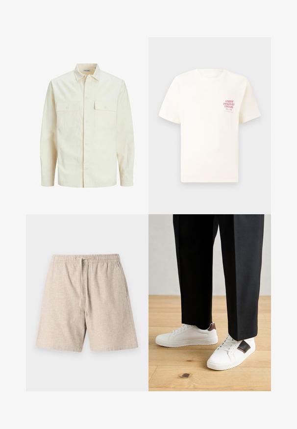 Világos bézs színű, hosszú ujjú ing, galléros nyakkal, két elülső zsebbel, gombos záródással és struktúrált anyaggal.; Fehér, rövid ujjú póló, bal mellen piros szöveggel "Studio Originals Edition", semleges szürke háttér előtt.; Beige vászonsort elasztikus derékkal, zsinórral, oldalsó zsebekkel és strukturált anyaggal. Casual dizájn, térd hosszúságú szabás.; Fehér sneaker, sima textúrával, barna bőr díszítéssel és fekete részletekkel, fekete szabott nadrággal párosítva. Fából készült padló háttér.