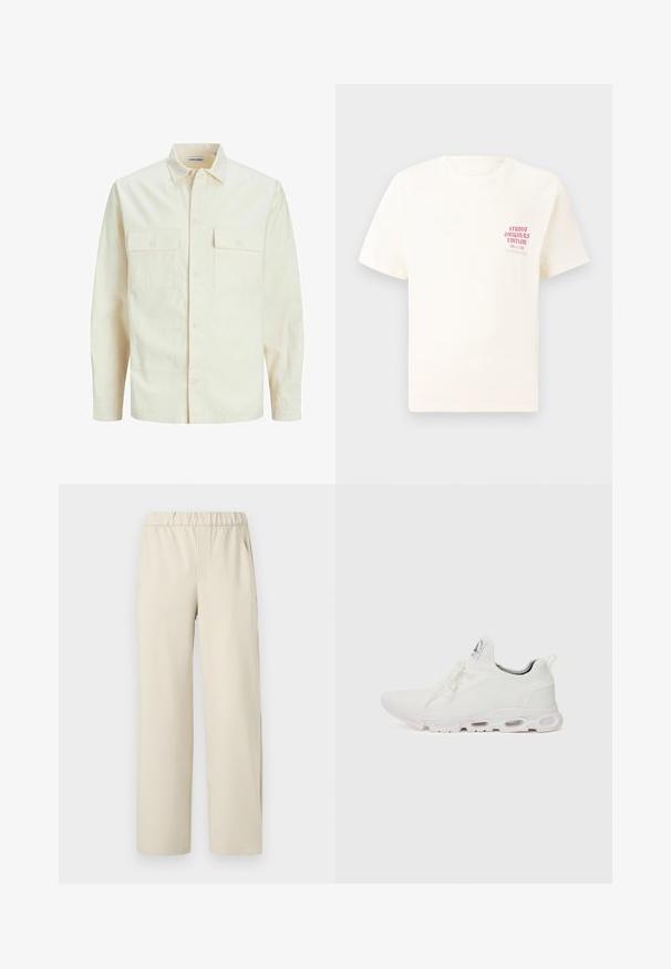 Svetlo bež srajca z dolgimi rokavi, ovratnim izrezom, dvema sprednjima žepoma, zapenjanjem na gumbe in teksturirano tkanino.; Bela majica s kratkimi rokavi z rdečim napisom "Studio Originals Edition" na levi strani prsnega koša, prikazana na nevtralnem sivo backgroundu.; Beige široke hlače iz elastičnega materiala, izdelane iz mehkega blaga. Imajo gladko teksturo in brez vidnih vzorcev ali dodatkov.; Bela atletska obuća z značilnom pletenom gornjom stranom, ravnim vezicama i podlogom s jastučićem koja ima vidljive zračne komore za dodatnu potporu.