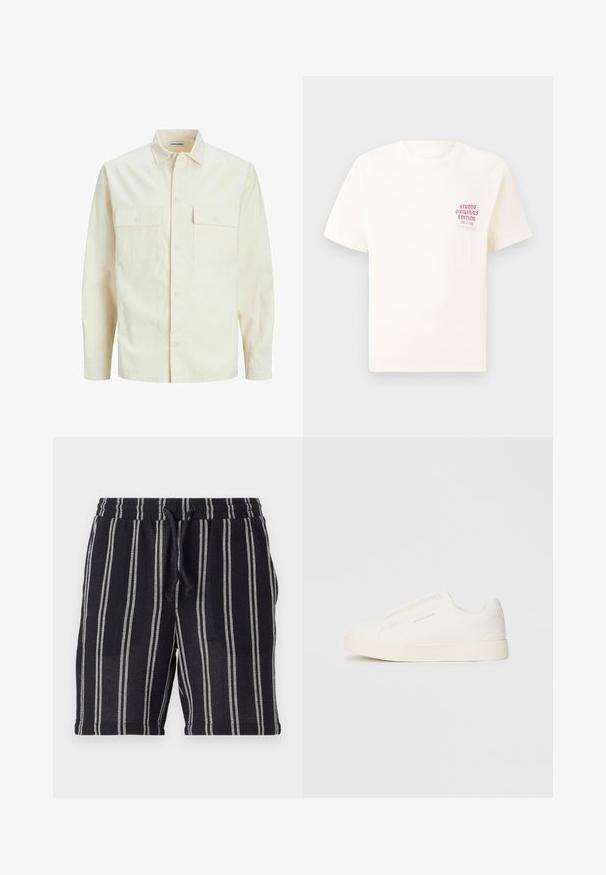 Kergedbež pika-särk pikkade varrukatega, krae ja kahe eespool asuva taskuga, nööpidega kinnitamine ja reljeefne materjal.; Valge lühikeste varrukatega T-särk, millel on vasakul rinnal punane tekst "Studio Originals Edition", esitatud neutraalsel hallil taustal.; Mustvalged must-valged triibulised lühikesed püksid elastse vöökoha, nööri sulgemise ja tekstureeritud kangaga. Lõppevad reie keskel.; Valged libisemiskindlad tossud tekstuuriga pinnaga, paksu tallaga ja minimalistikus disainis. Küljel on brändi logo.