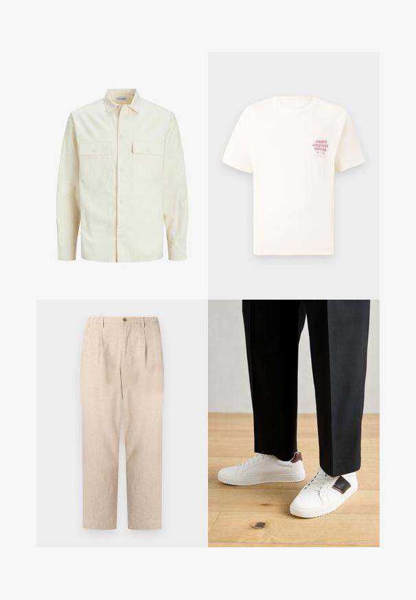 Lichtbeige langemouwen shirt met een kraaghalslijn, twee voorzakken, knoopsluiting en een gestructureerde stof.; Witte T-shirt met korte mouwen met rode tekst "Studio Originals Edition" op de linker borst, weergegeven op een neutrale grijze achtergrond.; Beige linnen broek met plooien, elastische tailleband en een enkele knoopsluiting. Recht gesneden ontwerp met een gestructureerde afwerking.; Witte sneakers met een gladde textuur, voorzien van bruine lederen accenten en zwarte details, gecombineerd met zwarte maatpakken. Achtergrond van houten vloeren.