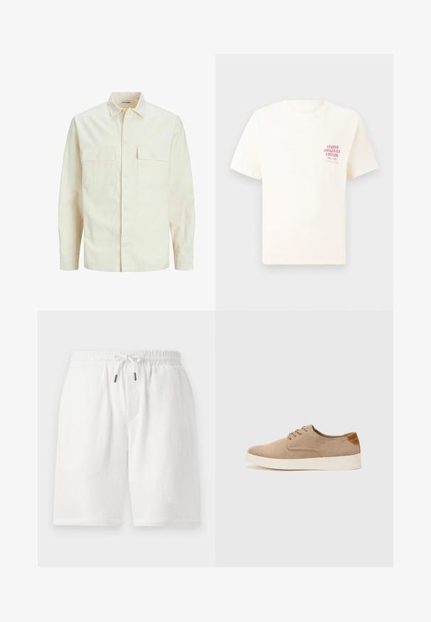 Svetlo bež srajca z dolgimi rokavi, ovratnim izrezom, dvema sprednjima žepoma, zapenjanjem na gumbe in teksturirano tkanino.; Bela majica s kratkimi rokavi z rdečim napisom "Studio Originals Edition" na levi strani prsnega koša, prikazana na nevtralnem sivo backgroundu.; Bele teksturirane hlače z elastičnim pasom, z vrvico, stranskimi žepi in udobnim krojem. Primerno za vsakodnevno nošenje.; Bež tkanine usnjene superge z zaobljenim nosom, vezalkami na sprednji strani in teksturiranim zadnjim detajlom. Belo gumijasto podplato zagotavlja kontrast. Enostaven in sodoben dizajn.