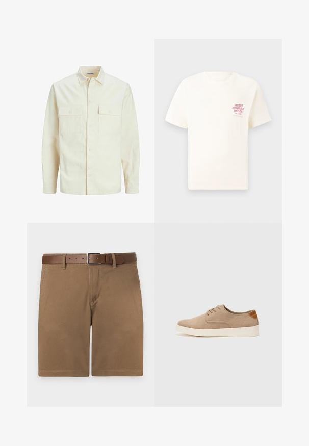 Lys beige langærmet skjorte med krave, to forlommer, knaplukning og et tekstureret stof.; Hvid kortermet T-shirt med rød tekst "Studio Originals Edition" på venstre bryst, vist på en neutral grå baggrund.; Brune bomuldsshorts med en tekstureret overflade, der har et brunt læderbælte med en sølvfarvet spænde og klassisk lige skæring.; Beige ruskinds sneakers med rund tå, snørebånd foran og en struktureret rygdetalje. Hvid gummisål giver kontrast. Enkel og moderne design.