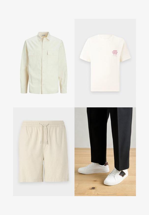 Világos bézs színű, hosszú ujjú ing, galléros nyakkal, két elülső zsebbel, gombos záródással és struktúrált anyaggal.; Fehér, rövid ujjú póló, bal mellen piros szöveggel "Studio Originals Edition", semleges szürke háttér előtt.; Világos bézs rövidnadrág texturált anyagból. Rugalmas derékkal és húzózsinórral rendelkezik, valamint oldalsó zsebekkel. Klasszikus szabás és laza dizájn.; Fehér sneaker, sima textúrával, barna bőr díszítéssel és fekete részletekkel, fekete szabott nadrággal párosítva. Fából készült padló háttér.