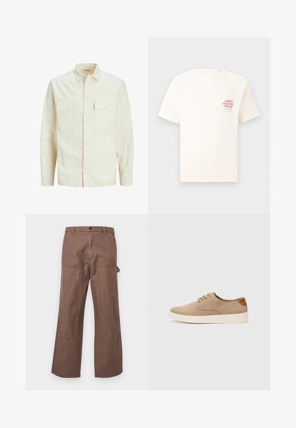 Svetlo bež srajca z dolgimi rokavi, ovratnim izrezom, dvema sprednjima žepoma, zapenjanjem na gumbe in teksturirano tkanino.; Bela majica s kratkimi rokavi z rdečim napisom "Studio Originals Edition" na levi strani prsnega koša, prikazana na nevtralnem sivo backgroundu.; Rjave bombažne cargo hlače z ohlapnim krojem, stranskimi žepi in velikimi kolenskimi zasilami za dodatno trpežnost in slog.; Bež tkanine usnjene superge z zaobljenim nosom, vezalkami na sprednji strani in teksturiranim zadnjim detajlom. Belo gumijasto podplato zagotavlja kontrast. Enostaven in sodoben dizajn.