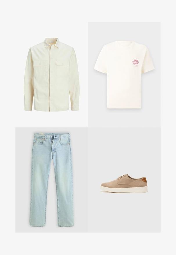 Cămașă lungă cu mâneci lungi de culoare bej deschis, cu guler, două buzunare frontale, închidere cu butoane și un material texturat.; Tricou alb cu mânecă scurtă, având text roșu "Studio Originals Edition" pe partea stângă a pieptului, expus pe un fundal gri neutru.; Jeans din denim de culoare albastru deschis, cu croi drept, cinci buzunare, închidere cu buton și ușoară decolorare. Include detalii de cusătură și nituri de cupru.; Tenisi din suede bej cu vârf rotund, sistem de șireturi în față și un accent texturat în spate. Talpa albă din cauciuc oferă un contrast. Design simplu și modern.