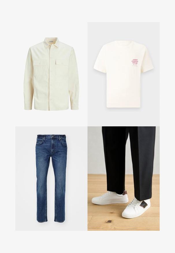 Svijetlo bež košulja dugih rukava s ovratnikom, dva prednja džepa, zatvaranje na dugmad i teksturirani materijal.; Bijela kratka majica s kratkim rukavima s crvenim natpisom "Studio Originals Edition" na lijevoj strani grudi, prikazana na neutralnoj sivoj pozadini.; Plave traperice s ravnim nogavicama, s dva prednja džepa, jednim stražnjim džepom i kopčanjem na gumbu u struku.; Bijele tenisice s glatkom teksturom, s smešnim kožnim detaljima i crnim naglascima, u kombinaciji s crnim krojenim hlačama. Pozadina od drvenog poda.