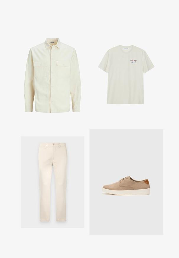 Gai bēšs garām piedurknēm krekls ar apkakles izgriezumu, divām priekšējām kabatām, pogu aizdari un teksturētu audumu.; Gaiši krēmkrāsas kokvilnas T-krekls ar īsām piedurknēm. Ar nelielu zilu un sarkanu marlina grafiku un tekstu "MARLIN TROPHY".; Beige kokvilnas bikses ar taisnu piegriezumu, ar vienu priekšējo kabatu, pogu aizdari un smalkiem šuves akcentiem.; Beige zamšādas kedas ar noapaļotu purngala daļu, auklēm saplacinātu priekšpusi un teksturētu aizmugures akcentu. Balta gumijas zole nodrošina kontrastu. Vienkāršs un mūsdienīgs dizains.