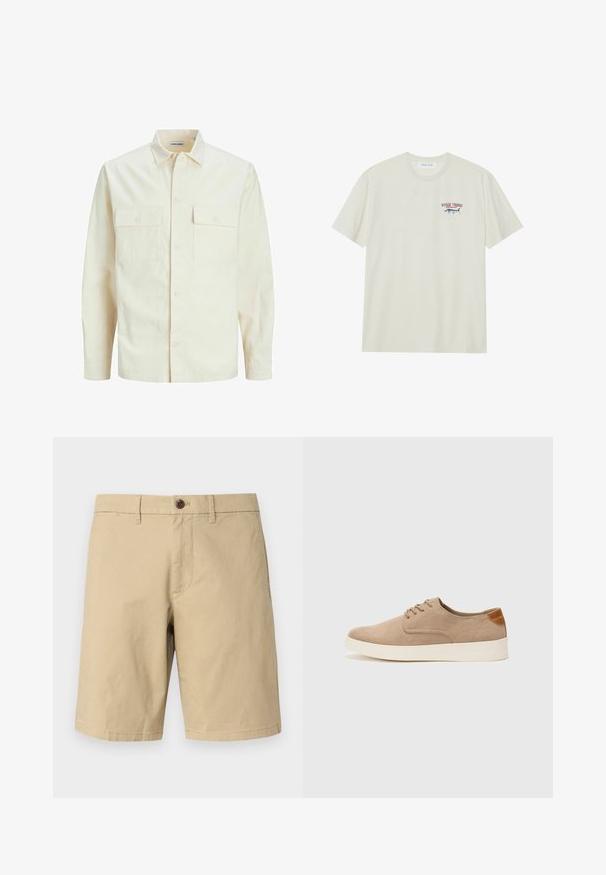 Šviesiai smėlio spalvos ilgomis rankovėmis marškiniai su apykakle, dviem priekinėmis kišenėmis, mygtukų uždarymu ir tekstūruota medžiaga.; Šviesiai kreminis medvilnės marškinėliai su trumpomis rankovėmis. Yra mažas mėlynas ir raudonas piešinys su marlinu bei „MARLIN TROPHY“ tekstas.; GAP VINTAGE - Šortai - khaki; Bežiniai zomšiniai sportbačiai su apvaliomis pirštų dalimis, raišteliais priekyje ir tekstūruotu užkulniu. Balta guma suteikia kontrastą. Paprastas ir modernus dizainas.