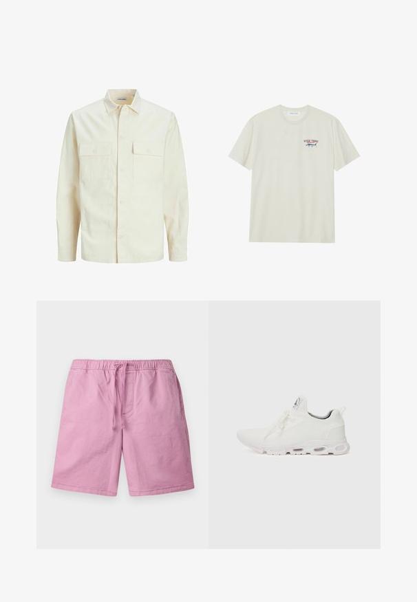 Gai bēšs garām piedurknēm krekls ar apkakles izgriezumu, divām priekšējām kabatām, pogu aizdari un teksturētu audumu.; Gaiši krēmkrāsas kokvilnas T-krekls ar īsām piedurknēm. Ar nelielu zilu un sarkanu marlina grafiku un tekstu "MARLIN TROPHY".; Gaiši rozā šorti, izgatavoti no mīksta materiāla, ar elastīgu jostu un auklu, un sānu kabatām. Taisnas formas kājas, bez rakstiem.; Baltas sporta apavi ar teksturētu adītu augšdaļu, platiem auklām un mīkstinātu zoli ar redzamām gaisa kamerām papildu atbalstam.