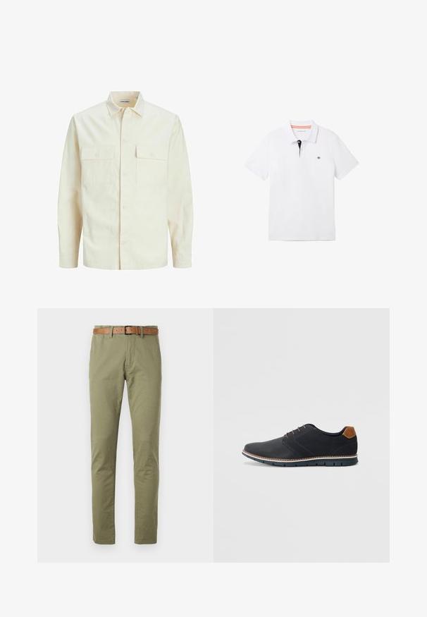 Kergedbež pika-särk pikkade varrukatega, krae ja kahe eespool asuva taskuga, nööpidega kinnitamine ja reljeefne materjal.; Valge polosärk musta kaelusega, millel on oranž ääreline, lühikesed varrukad ja väike logo rinnal. Valmistatud hingavast puuvillasegistusest.; Oliivrohelised puuvillased püksid sirge jala lõikega, pruuni nahkvöödiga ja siledast tekstuurist. Lihtsad ees olevad taskud.; Mustavad sünteetilised jalatsid tekstureeritud pealsega, siledad aktsendid, pruun kand ja kontrastne tall. Omab minimaalset lukkude ja õmbluste dekoratsiooni.