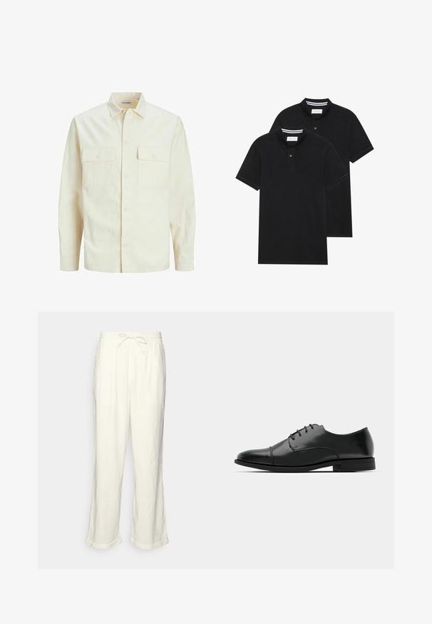 Camisa de manga larga color beige claro con cuello, dos bolsillos frontales, cierre de botones y una tela texturizada.; Dos camisetas polo negras, de manga corta, de material de algodón, que presentan un cuello clásico, una tapeta de dos botones y acentos de rayas blancas en el interior del cuello.; Pantalones de lino en color blanco roto con cintura elástica regulable, perneras ligeramente anchas y puños doblados para un ajuste relajado. Sin bolsillos.; Zapato de vestir de cuero negro con punta redondeada, diseño con cordones, detalles de costura sutiles y un tacón bajo. Textura suave con acabado pulido.