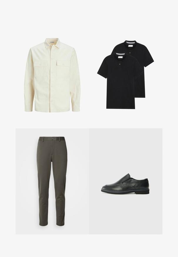 Svetlo bež srajca z dolgimi rokavi, ovratnim izrezom, dvema sprednjima žepoma, zapenjanjem na gumbe in teksturirano tkanino.; Dve črne polo majice, kratke rokave, iz bombažnega materiala, z klasik ovratnikom, dvobodno zaponko in belimi črtkami znotraj ovratnika.; Olive zelene hlače iz elastične tkanine, z gumbnim pasom, ožjega kroja in ravnimi nogami brez vzorcev ali izstopajočih zakov. ; Črne usnjene natikače z gladkim zgornjim delom, prišitimi detajli, zaobljenim nosom in nizkim gumijastim petkom. Podplat ima minimalen profil.