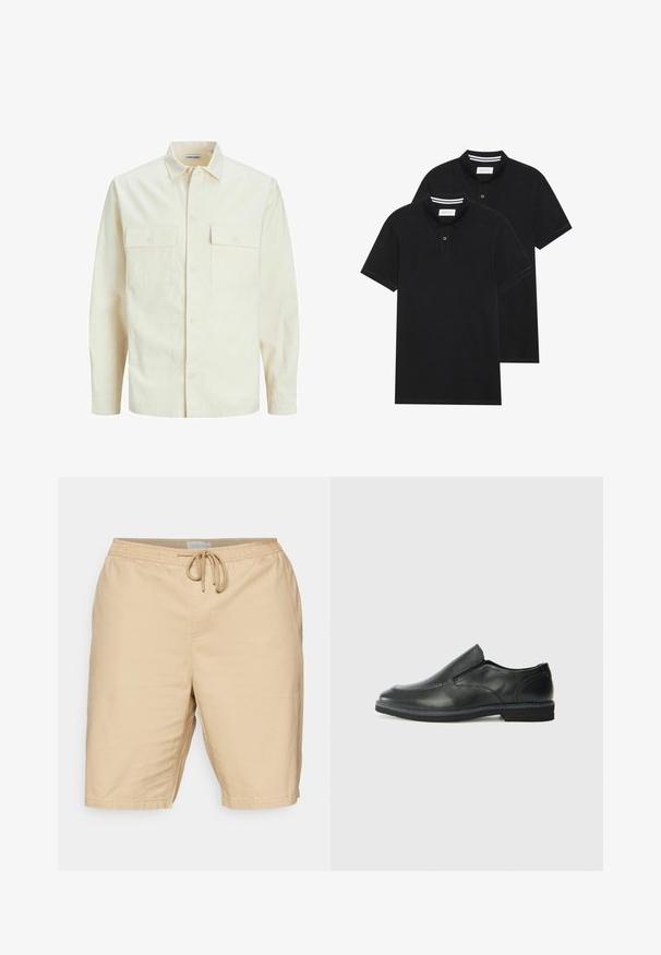 Chemise longue à manches longues beige clair avec un col, deux poches frontales, fermeture à boutons et un tissu texturé.; Deux polos noirs, à manches courtes, en coton, avec un col classique, une patte de boutonnage à deux boutons, et des accents rayés blancs à l'intérieur du col.; Shorts beige clair en tissu à texture lisse, dotés d'une taille élastique avec cordon de serrage et de poches latérales.; Chaussure slip-on en cuir noir avec une tige lisse, des accents cousus, un bout arrondi et un petit talon en caoutchouc. La semelle présente un profil de traction minimal.