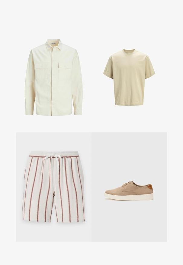 Lys beige langærmet skjorte med krave, to forlommer, knaplukning og et tekstureret stof.; Beige bomulds t-shirt med en løs pasform, rund halsudskæring og korte ærmer. Glat tekstur, ingen mønstre eller synlige hardwaredetaljer.; Bomulds shorts med snøre i taljen, cremefarvet baggrund med vertikale rustfarvede striber, tekstureret stof og afslappet pasform.; Beige ruskinds sneakers med rund tå, snørebånd foran og en struktureret rygdetalje. Hvid gummisål giver kontrast. Enkel og moderne design.
