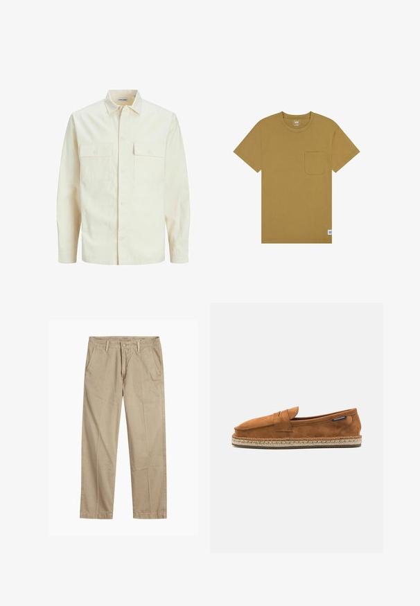 Light beige long-sleeve shirt with a collared neckline, two front pockets, button closure, and a textured fabric.; Tan cotton t-shirt featuring a crew neck, short sleeves, and a single chest pocket, with a small tag at the hem.; Beige straight-leg chinos with belt loops, front button and zipper closure, and slant front pockets.; Brown suede slip-on shoe with a rounded toe, featuring a woven jute sole and a small accent strap across the front.
