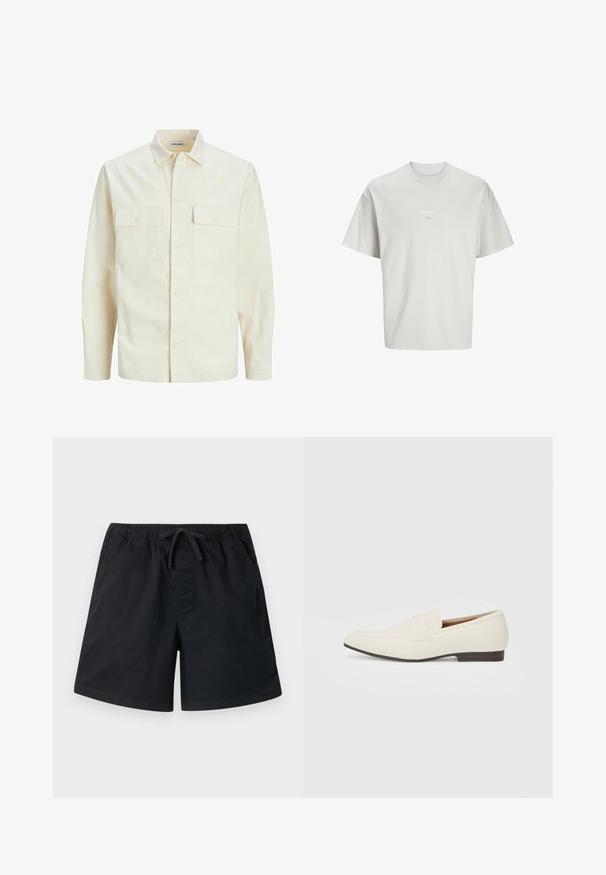 Svetlo béžová košeľa s dlhým rukávom, s golierom, dvoma prednými vreckami, zapínaním na gombíky a textúrovanou látkou.; Svetlošedé tričko s krátkymi rukávmi vyrobené z jemného materiálu. Má okrúhly výstrih a na prednej strane je potlačený malý text "ESS.WRD."; Čierne plavky s elastickým pásom a šnúrkou. Obsahujú bočné vrecká a sú vyrobené z hladkej, ľahkej látky. Štandardný strih.; Svetlé béžové mokasíny s špicatou špičkou, hladkým materiálom, pásikom cez vamp a nízkou hnedou podrážkou. Jednoduchý dizajn s minimálnymi akcentmi.