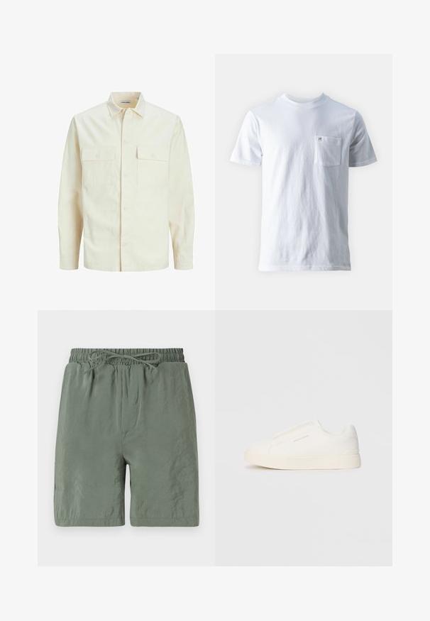 Világos bézs színű, hosszú ujjú ing, galléros nyakkal, két elülső zsebbel, gombos záródással és struktúrált anyaggal.; Fehér pamut póló, kerek nyakkal, rövid ujjakkal és bal oldalon egy zsebbel, a zseben egy kis logó található. Sima textúra.; Zöld úszóshort, rugalmas derékkal és kötőfűzővel, könnyű anyagból készült, sima tapintású. Rövid hosszúságú, oldalsó zsebekkel rendelkezik.; Fehér slip-on sportcipők texturált felülettel, vastag talppal és minimalista dizájnnal. Az oldalon a márka logója található.