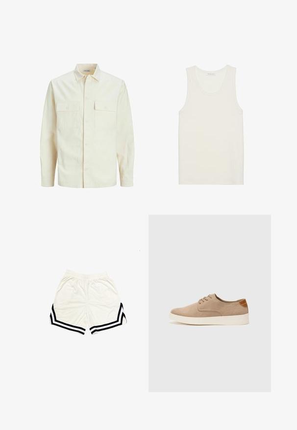 Lichtbeige langemouwen shirt met een kraaghalslijn, twee voorzakken, knoopsluiting en een gestructureerde stof.; Geribbelde witte tanktop met een ronde halslijn en brede schouderbanden, gemaakt van een zachte, gestructureerde stof, met een rechte zoom.; Witte sportieve shorts van lichtgewicht stof, met zwarte zijstrepen en een contrasterend chevronpatroon nabij de zoom. Elastaanband.; Beige suède sneakers met een ronde neus, vetersluiting aan de voorkant en een getextureerde achteraccent. De witte rubberen zool zorgt voor contrast. Eenvoudig en modern ontwerp.