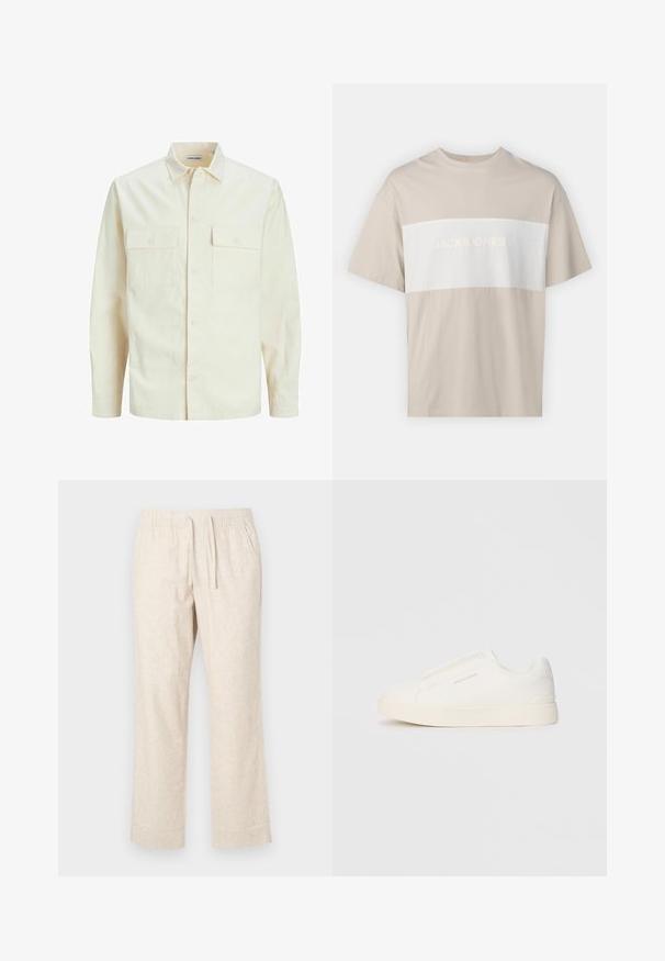 Hellbeige Langarmhemd mit klassischem Kragen, zwei Fronttaschen, Knopfverschluss und strukturiertem Stoff.; Beige Baumwoll-T-Shirt mit einem weißen horizontalen Streifen, auf dem der Text "JACK & JONES ESSENTIALS WORLDWIDE" in erhabenem Schriftzug zu sehen ist. Kurze Ärmel.; Beige Leinenhose mit elastischem Bund und Kordelzug. Gerades Bein Design mit leichter Textur und subtilem Gewebemuster.; Weiße Slip-On-Sneaker mit einer strukturierten Oberfläche, dicker Sohle und minimalistischem Design. Mit Logo der Marke an der Seite.