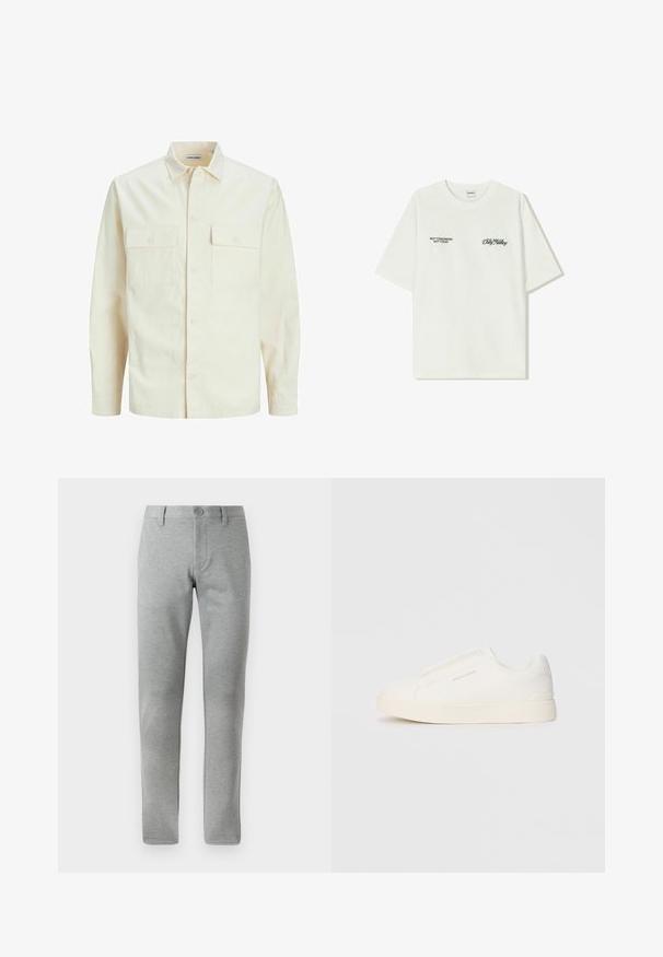 Hellbeige Langarmhemd mit klassischem Kragen, zwei Fronttaschen, Knopfverschluss und strukturiertem Stoff.; Weißes Baumwoll-T-Shirt mit kurzen Ärmeln. Auf der Vorderseite befindet sich schwarzer Text: „NICHT MORGEN NICHT HEUTE“ und „DIE KUNST DES DIRT MOVING“ in grüner Schrift.; Graue, gerade geschnittene Hosen aus strukturiertem Stoff. Mit einem Knopfverschluss, Gürtelschlaufen und seitlichen Taschen für Funktionalität.; Weiße Slip-On-Sneaker mit einer strukturierten Oberfläche, dicker Sohle und minimalistischem Design. Mit Logo der Marke an der Seite.