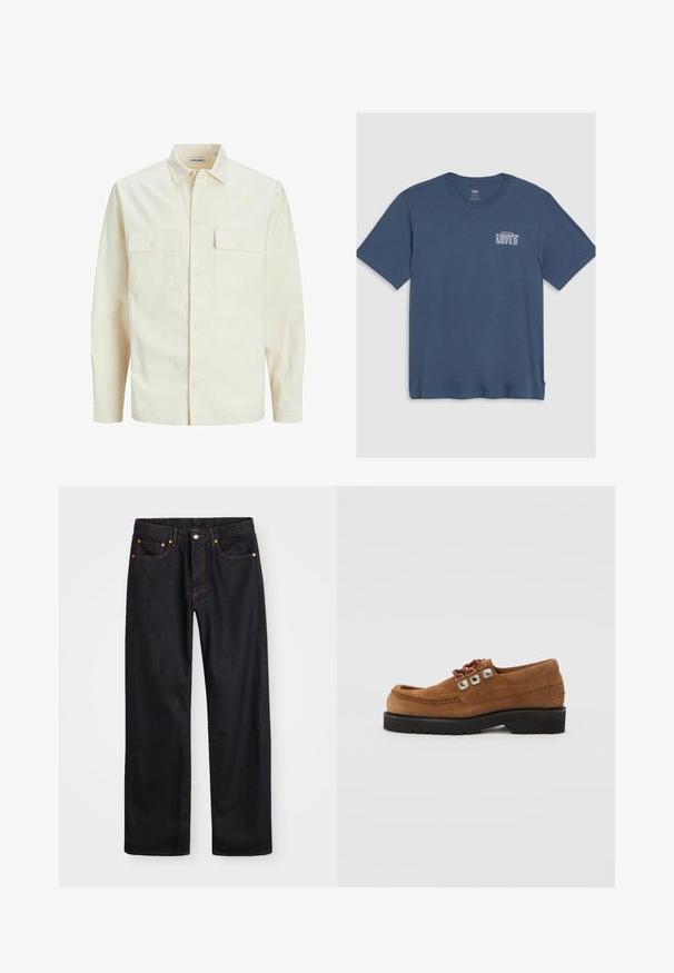 Camicia beige chiaro a maniche lunghe con colletto, due tasche frontali, chiusura a bottoni e un tessuto texturizzato.; T-shirt in cotone blu con collo a giro e maniche corte. Un logo "Levi's" bianco è stampato sulla parte sinistra del petto. Design semplice.; Jeans neri in denim dritto da uomo con cinque tasche e cuciture arancioni, chiusura con bottone e zip sulla vita anteriore.; Scarpe in suede marrone con punta rotonda, colletto imbottito e occhielli decorativi in tonalità argento. Suola in gomma nera per trazione e stabilità.