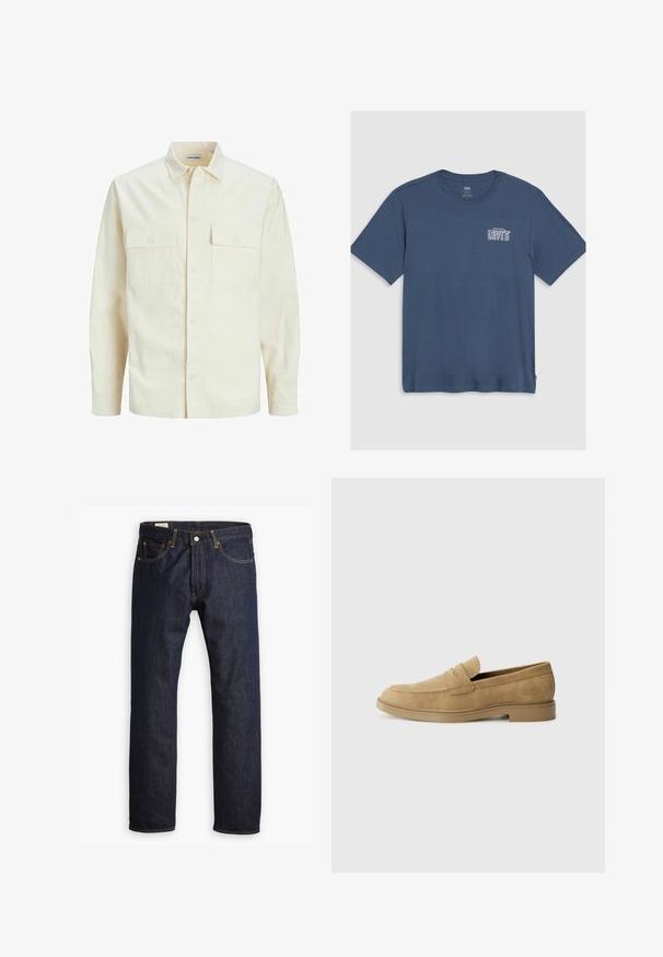 Camisa de manga larga color beige claro con cuello, dos bolsillos frontales, cierre de botones y una tela texturizada.; Camiseta de algodón azul con cuello redondo y mangas cortas. Un logo blanco de "Levi's" está impreso en el área del pecho izquierdo. Diseño simple.; Jeans de mezclilla azul oscuro con un diseño de pierna recta, costuras naranjas y estilo de cinco bolsillos con cierre de botón metálico.; Mocasines de ante en tono marrón claro con punta redondeada, tacón bajo y detalles de costura en la parte superior. Textura suave y diseño minimalista.