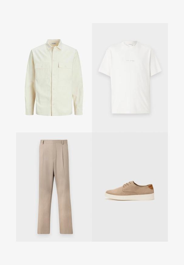 Šviesiai smėlio spalvos ilgomis rankovėmis marškiniai su apykakle, dviem priekinėmis kišenėmis, mygtukų uždarymu ir tekstūruota medžiaga.; Balta medvilnės marškinėliai su apvalia kaklo iškirpte, trumpomis rankovėmis ir mažu atspaudu priekyje. Lygus audinys ir laisvas siluetas.; Šviesiai smėliniai pritaikyti kelnių su tiesia kojų dizainu, turintys glotnų tekstūrą ir priekinės raukšlės kaip papildomą detalę.; Bežiniai zomšiniai sportbačiai su apvaliomis pirštų dalimis, raišteliais priekyje ir tekstūruotu užkulniu. Balta guma suteikia kontrastą. Paprastas ir modernus dizainas.