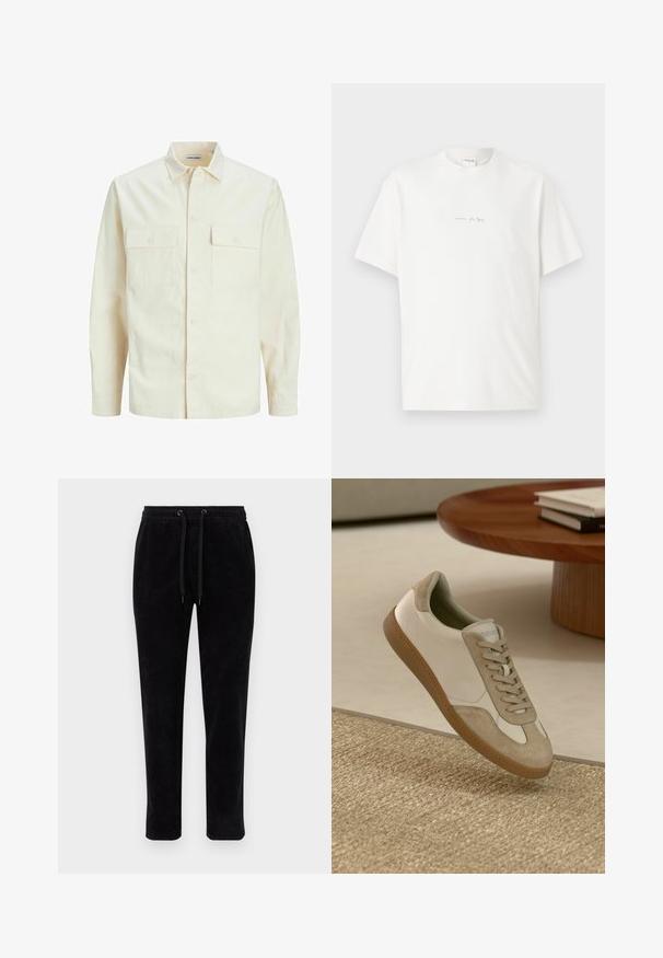 Kergedbež pika-särk pikkade varrukatega, krae ja kahe eespool asuva taskuga, nööpidega kinnitamine ja reljeefne materjal.; Valge puuvillane T-särk ümmarguse kaelusega, lühikeste varrukate ja väikese prinditud logoga ees. Sile tekstuur ja mugav lõige.; Mustad nööriga mustad kordinapüksid, elastse vöökoha ja reguleeritavate paeltega, kitseneva lõikega. Kanga pinnal on vertikaalne ribitatud tekstuur.; Kerge jooksutoss, millel on valgest nahast ülemine osa beezide seemisnahkdetailide ja ümmarguse varbaga, ning tekstureeritud pruun kummitald.