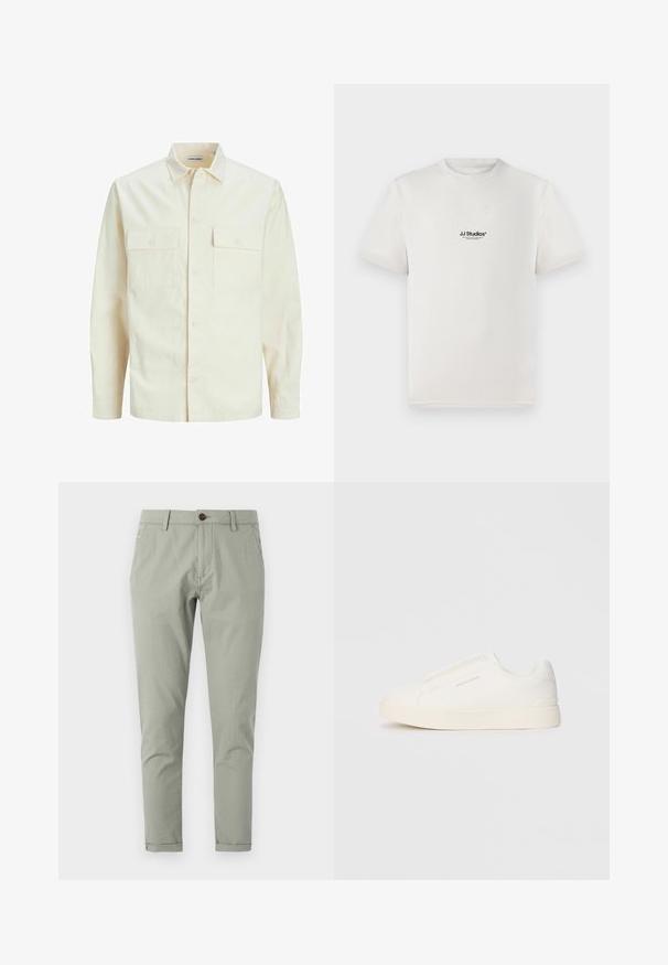 Lichtbeige langemouwen shirt met een kraaghalslijn, twee voorzakken, knoopsluiting en een gestructureerde stof.; Witte katoenen t-shirt met korte mouwen, voorzien van een zwart "JJ Studios" logo op de borst. Ronde hals en een standaard pasvorm.; Op maat gemaakte groene chino's van lichtgewicht katoen. Voorzien van een knoopsluiting, voor- en achterzakken, en een taps toelopend ontwerp.; Witte instap sneakers met een gestructureerd oppervlak, een dikke zool en een minimalistisch ontwerp. Bevat het merklogo aan de zijkant.