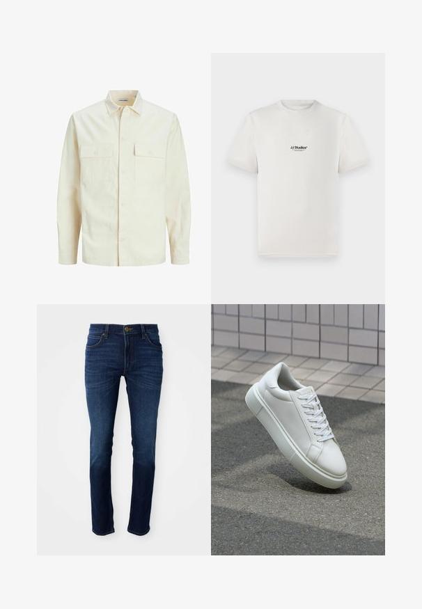 Camicia beige chiaro a maniche lunghe con colletto, due tasche frontali, chiusura a bottoni e un tessuto texturizzato.; T-shirt bianco in cotone con maniche corte, caratterizzato da un logo nero "JJ Studios" sul petto. Design con colletto tondo e vestibilità standard.; Jeans in denim blu scuro con una vestibilità dritta classica, dotati di chiusura a bottone e cinque tasche. Il tessuto ha una superficie liscia.; Sneaker bianco in pelle con superficie liscia, punta rotonda e lacci piatti bianchi. Presenta una suola in gomma texturizzata e un design minimale.