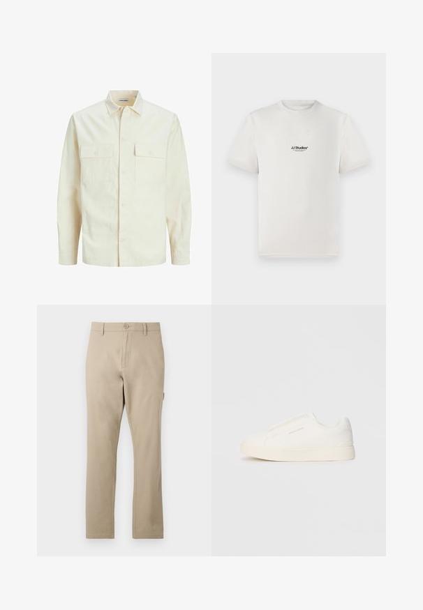 Cămașă lungă cu mâneci lungi de culoare bej deschis, cu guler, două buzunare frontale, închidere cu butoane și un material texturat.; Tricou alb din bumbac, cu mâneci scurte, având un logo negru "JJ Studios" pe piept. Design cu guler rotund și croială standard.; Pantaloni din bumbac bej cu un design cu picioare drept, prezentând o închidere frontală cu buton și detalii subtile de cusătură. Textură netedă, fără imprimeuri.; Tenisi albi slip-on cu o suprafață texturată, talpă groasă și un design minimalist. Prezintă logo-ul brandului pe lateral.