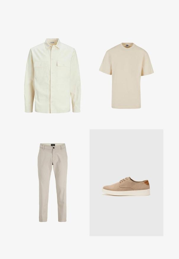 Lichtbeige langemouwen shirt met een kraaghalslijn, twee voorzakken, knoopsluiting en een gestructureerde stof.; Beige katoenen t-shirt met een ronde hals en korte mouwen, met een comfortabele pasvorm en minimale stikseldetails. Casual en veelzijdig ontwerp.; Beige katoen chino's met een recht model, voorzien van een knoopsluiting aan de voorkant en ceintuurlussen. Gladde textuur, minimalistische stijl.; Beige suède sneakers met een ronde neus, vetersluiting aan de voorkant en een getextureerde achteraccent. De witte rubberen zool zorgt voor contrast. Eenvoudig en modern ontwerp.