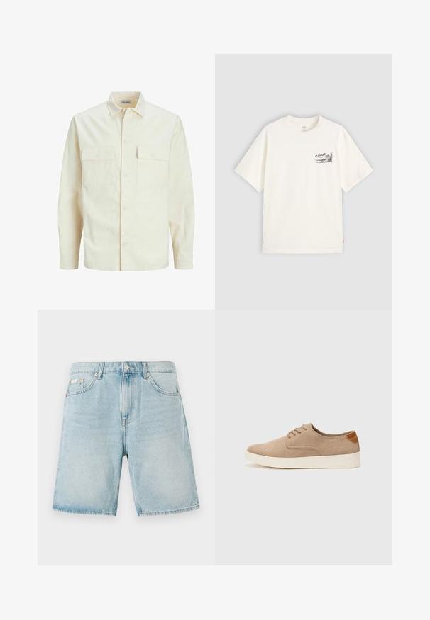 Világos bézs színű, hosszú ujjú ing, galléros nyakkal, két elülső zsebbel, gombos záródással és struktúrált anyaggal.; Fehér, rövid ujjú pamut póló, fekete grafikai dizájnnal a bal mellrészen, rajta a "Fresh" szóval.; Világoskék farmer rövidnadrág, laza fit, első zsebekkel, gombos záródással és minimális fakulással.; Beige velúr sportcipő, kerek orral, fűzős elülső résszel és textúrált hátsó részlettel. Fehér gumitalp kontrasztot ad. Egyszerű és modern design.