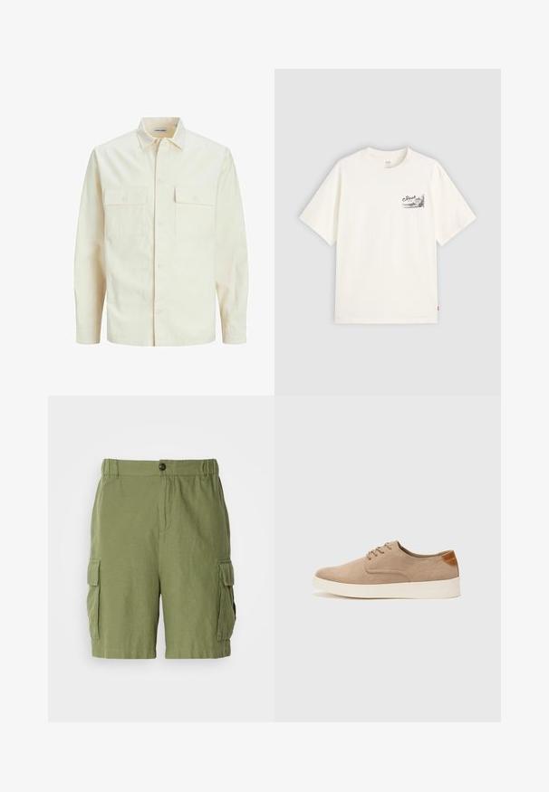 Svijetlo bež košulja dugih rukava s ovratnikom, dva prednja džepa, zatvaranje na dugmad i teksturirani materijal.; Bijela majica s kratkim rukavima od pamuka, s crnim grafičkim dizajnom na lijevoj strani prsnog dijela s riječju "Fresh."; Zelene cargo hlace s opuštenim krojem, izrađene od lagane tkanine. Imaju bočne džepove i prednje kopčanje na dugme.; Bež nubuk tenisice s okruglim vrhom, vezanjem sprijeda i teksturiranim stražnjim naglaskom. Bijela gumena potpetica pruža kontrast. Jednostavan i moderan dizajn.