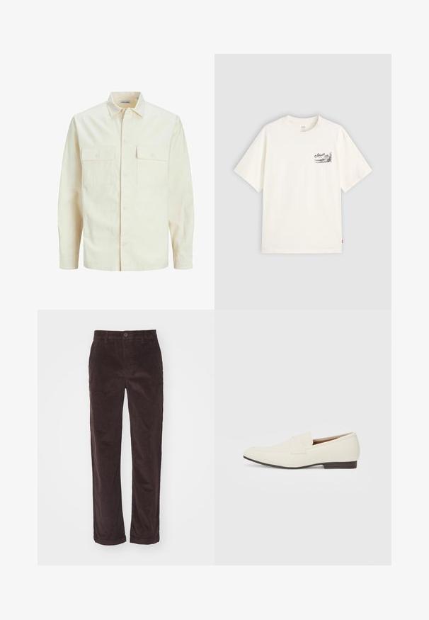 Light beige long-sleeve shirt with a collared neckline, two front pockets, button closure, and a textured fabric.; White short-sleeve t-shirt made of cotton, featuring a black graphic design on the left chest area with the word "Fresh."; Brown corduroy pants with a straight cut, featuring a button closure and rolled cuffs, showcasing vertical ribbed texture.; Light beige loafers with a pointed toe, smooth material, a strap across the vamp, and a low brown sole. Simple design with minimal accents.