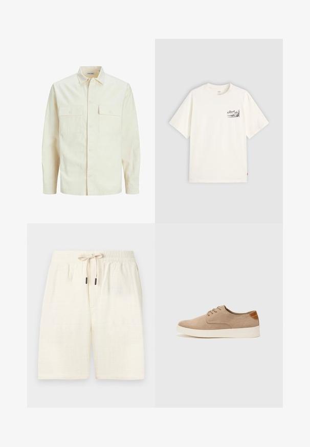Light beige long-sleeve shirt with a collared neckline, two front pockets, button closure, and a textured fabric.; White short-sleeve t-shirt made of cotton, featuring a black graphic design on the left chest area with the word "Fresh."; Cream-colored shorts made of textured fabric with a check pattern. Features an elastic waistband with a drawstring and two side pockets.; Beige suede sneakers with a rounded toe, lace-up front, and a textured back accent. White rubber sole provides contrast. Simple and modern design.