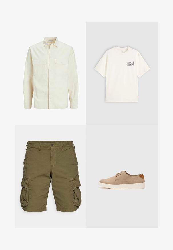 Svetlo béžová košeľa s dlhým rukávom, s golierom, dvoma prednými vreckami, zapínaním na gombíky a textúrovanou látkou.; Biely tričko s krátkymi rukávmi vyrobené z bavlny, s čiernym grafickým dizajnom na ľavej strane hrude s nápisom "Fresh."; GAP Šortky - army jacket green; Béžové semišové tenisky s okrúhlou špičkou, šnurovaním vpredu a textúrovaným zadným akcentom. Biela gumová podrážka poskytuje kontrast. Jednoduchý a moderný dizajn.