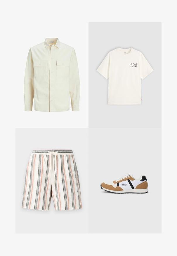 Svetlo béžová košeľa s dlhým rukávom, s golierom, dvoma prednými vreckami, zapínaním na gombíky a textúrovanou látkou.; Biely tričko s krátkymi rukávmi vyrobené z bavlny, s čiernym grafickým dizajnom na ľavej strane hrude s nápisom "Fresh."; Prúžkované šortky vyrobené z ľahkej tkaniny, s vertikálnymi prúžkami v bielej, ružovej, šedej a čiernej farbe, s elastickým pásom a šnúrkou na staženie.; Retro štýlové tenisky s bielou, pieskovou zamšou, čiernymi akcentmi, bielymi šnúrkami a logom "Jack & Jones EST. 1990" na boku.
