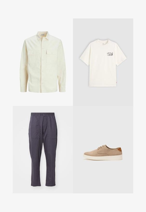 Kergedbež pika-särk pikkade varrukatega, krae ja kahe eespool asuva taskuga, nööpidega kinnitamine ja reljeefne materjal.; Valge lühikeste varrukatega T-särk, mis on valmistatud puuvillast, ja mille vasakus rinnapiirkonnas on must graafiline disain sõnapaariga "Fresh."; Tumed hallid, kergekaalulised püksid elastse vöökoha, kahe esitäkkega, sirge jalalõike ja sujuva tekstuuriga.; Beežid nahast tossud ümarate varvastega, paeltega esiosa ja tekstuuriga tagakontuuriga. Valge kummist tallapakkumine loob kontrasti. Lihtne ja kaasaegne disain.