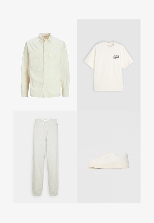Chemise longue à manches longues beige clair avec un col, deux poches frontales, fermeture à boutons et un tissu texturé.; T-shirt blanc à manches courtes en coton, présentant un design graphique noir sur la zone gauche de la poitrine avec le mot "Fresh".; Pantalons de survêtement gris clair avec un taille élastique à cordon de serrage, des poignets élastiques et une texture douce. Pas de motifs visibles ni de matériaux supplémentaires.; Baskets blanches sans lacets avec une surface texturée, une semelle épaisse et un design minimaliste. Présente le logo de la marque sur le côté.