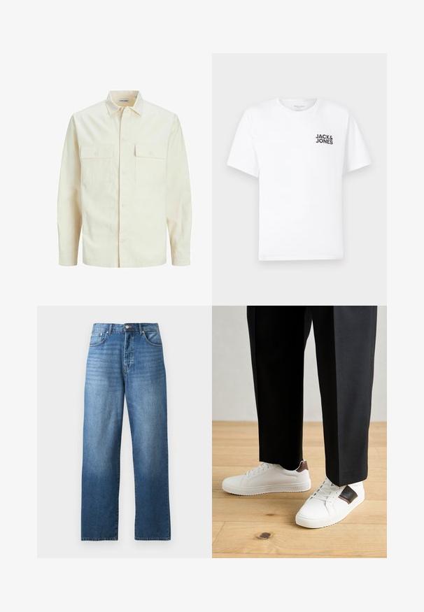 Camisa de manga larga color beige claro con cuello, dos bolsillos frontales, cierre de botones y una tela texturizada.; Camiseta de algodón blanca, de manga corta, cuello redondo. Presenta el logo de texto en negro "JACK & JONES" en el área del pecho izquierdo. Diseño simple y liso.; Vaqueros de denim azul de pierna recta con cinco bolsillos y cierre de botón y cremallera, mostrados sobre un fondo blanco.; Zapatillas blancas con textura suave, con acentos de cuero marrón y detalles en negro, combinadas con pantalones negros ajustados. Fondo de suelo de madera.