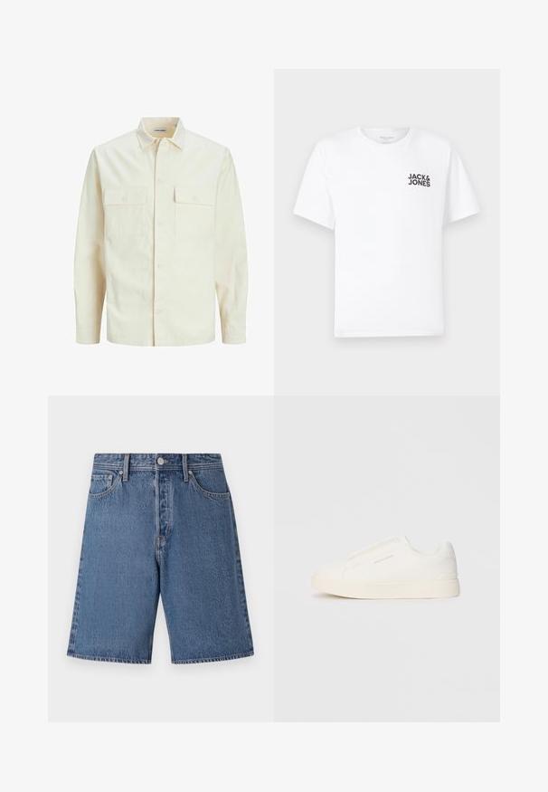 Chemise longue à manches longues beige clair avec un col, deux poches frontales, fermeture à boutons et un tissu texturé.; T-shirt en coton blanc, à manches courtes, col rond. Présente un logo en texte noir "JACK & JONES" sur la poitrine gauche. Design simple et sobre.; Shorts en denim bleu clair avec une texture délavée, design à cinq poches et fermeture à bouton au niveau de la taille.; Baskets blanches sans lacets avec une surface texturée, une semelle épaisse et un design minimaliste. Présente le logo de la marque sur le côté.
