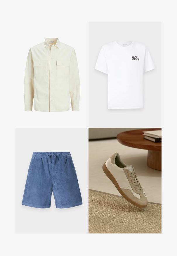 Camisa de manga larga color beige claro con cuello, dos bolsillos frontales, cierre de botones y una tela texturizada.; Camiseta de algodón blanca, de manga corta, cuello redondo. Presenta el logo de texto en negro "JACK & JONES" en el área del pecho izquierdo. Diseño simple y liso.; Pantalones cortos de pana azul con cintura elástica y cordón ajustable. Presenta una textura estriada vertical y corte recto.; Zapatillas ligeras con parte superior de cuero blanco y detalles en gamuza beige, punta redonda y suela de goma marrón texturizada.