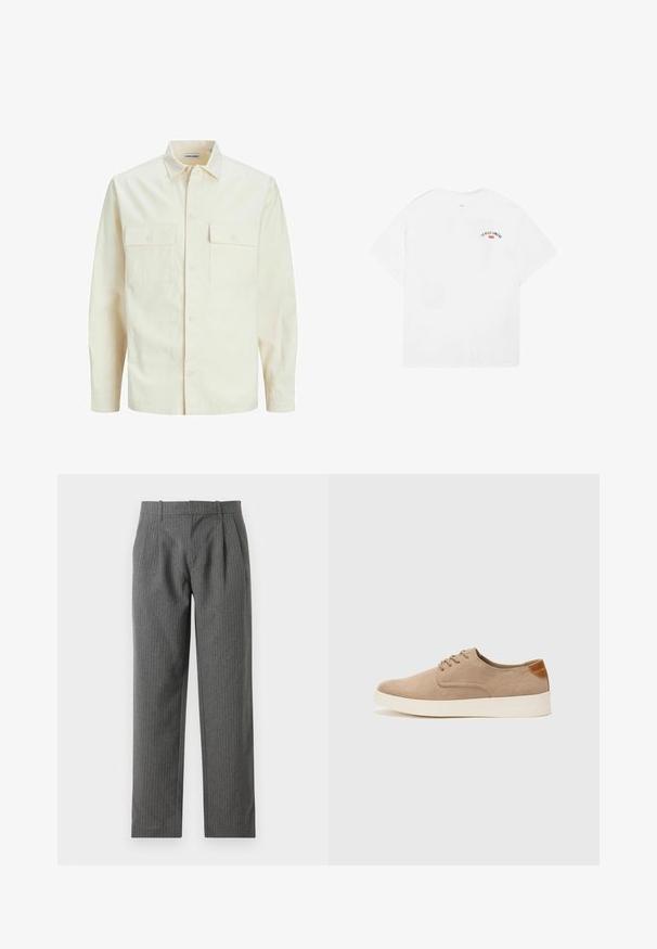 Hellbeige Langarmhemd mit klassischem Kragen, zwei Fronttaschen, Knopfverschluss und strukturiertem Stoff.; Weißes Baumwoll-T-Shirt mit kurzen Ärmeln, rundem Halsausschnitt und einem kleinen Grafik mit der Aufschrift „LA VILLE LUMIÈRE“ in Schwarz und Rot auf dem oberen Rücken.; Graue, gestreifte Hose aus einem strukturierten Stoff. Sie hat eine hohe Taille mit Falten und ein gerades Bein-Design.; Beige Wildleder-Sneaker mit runder Zehenpartie, Schnürung und strukturiertem Rückenteil. Die weiße Gummisohle sorgt für einen Kontrast. Einfaches und modernes Design.