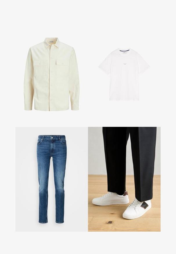 Light beige long-sleeve shirt with a collared neckline, two front pockets, button closure, and a textured fabric.; White cotton t-shirt with short sleeves, crew neckline, and subtle text in the center. Smooth texture with a relaxed fit.; Blue denim jeans with a straight-leg design, featuring front pockets, a button closure, and a faded wash texture.; White sneakers with smooth texture, featuring brown leather accents and black detailing, paired with black tailored pants. Wooden floor background.