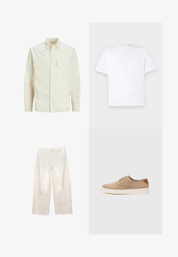 Svijetlo bež košulja dugih rukava s ovratnikom, dva prednja džepa, zatvaranje na dugmad i teksturirani materijal.; Bijela pamučna majica s okruglim izrezom i kratkim rukavima. Glatka tekstura, ravni kroj, bez uzoraka ili dodataka. Pоглед sprijeda samo.; Bijele široke traperice s visokim strukom, prednjim džepovima i vidljivim šavovima. Materijal ima glatku teksturu i strukturirani oblik.; Bež nubuk tenisice s okruglim vrhom, vezanjem sprijeda i teksturiranim stražnjim naglaskom. Bijela gumena potpetica pruža kontrast. Jednostavan i moderan dizajn.