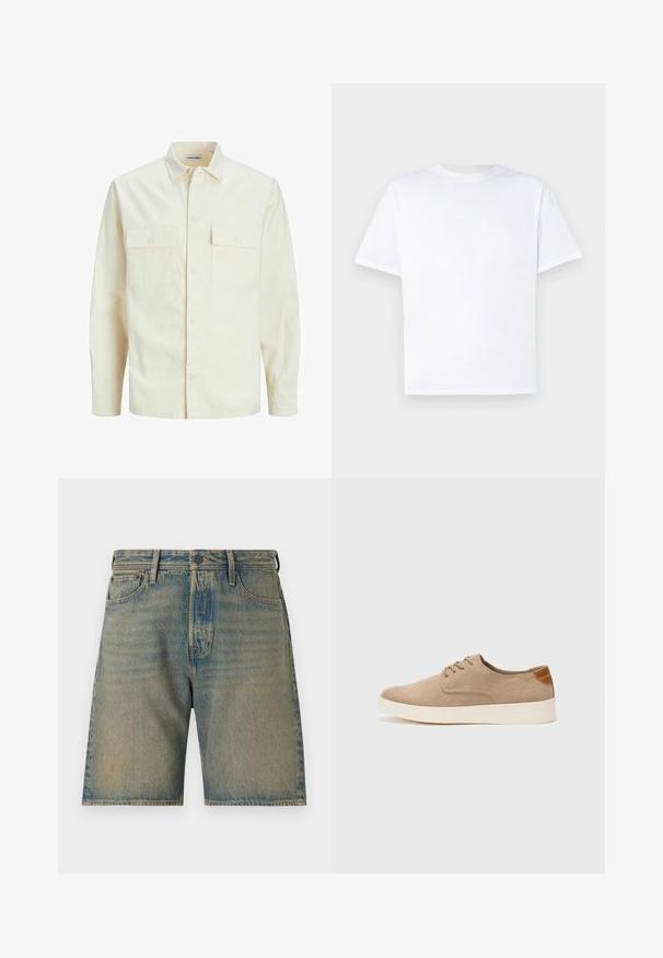 Kergedbež pika-särk pikkade varrukatega, krae ja kahe eespool asuva taskuga, nööpidega kinnitamine ja reljeefne materjal.; Valge puuvillane T-särk ümmarguse kaelusega ja lühikeste varrukatega. Sile tekstuur, sirge lõige, ilma mustrite või aktsentideta. Ainult tagasiside.; Heled sinine denimpüksid, millel on pleekinud viimistlus. Sisaldab viit taskut, lukuga ja nööbiga sulgemist ning tugevat õmblust servades.; Beežid nahast tossud ümarate varvastega, paeltega esiosa ja tekstuuriga tagakontuuriga. Valge kummist tallapakkumine loob kontrasti. Lihtne ja kaasaegne disain.