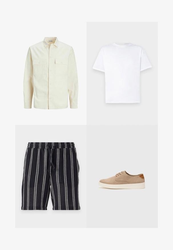 Gai bēšs garām piedurknēm krekls ar apkakles izgriezumu, divām priekšējām kabatām, pogu aizdari un teksturētu audumu.; Balta kokvilnas t-krekls ar apaļu kaklu un īsām piedurknēm. Vienmērīga tekstūra, taisns griezums, bez rakstiem vai akcentiem. Redze no aizmugures.; Melnbalto svītru šorti ar elastīgu jostasvietu, aukliņas aizdari un teksturētu audumu. Beidzas līdz viduvējam augšstilbam.; Beige zamšādas kedas ar noapaļotu purngala daļu, auklēm saplacinātu priekšpusi un teksturētu aizmugures akcentu. Balta gumijas zole nodrošina kontrastu. Vienkāršs un mūsdienīgs dizains.