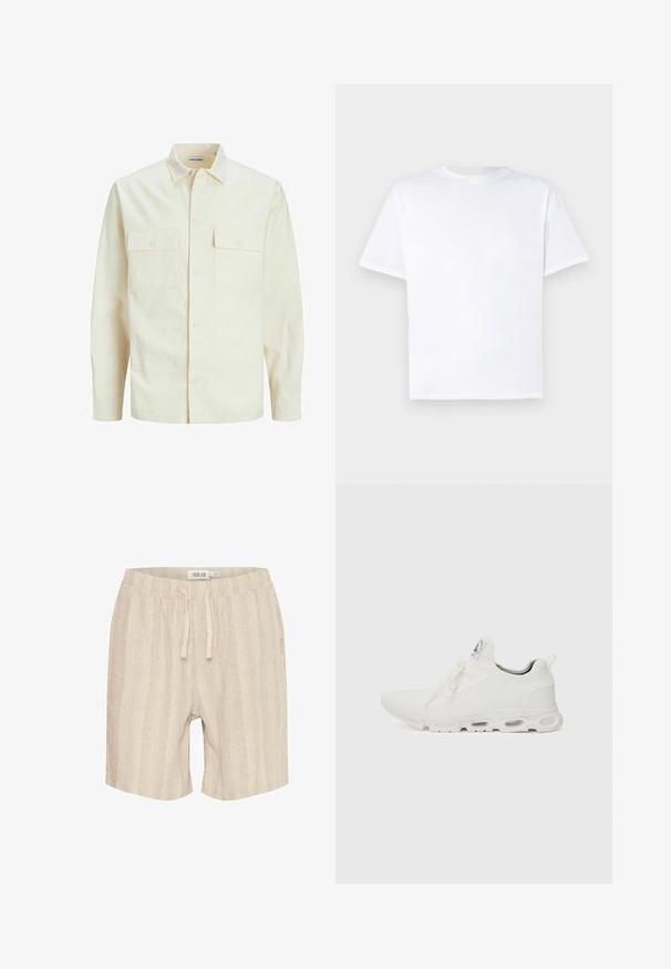 Lichtbeige langemouwen shirt met een kraaghalslijn, twee voorzakken, knoopsluiting en een gestructureerde stof.; Witte katoenen T-shirt met ronde hals en korte mouwen. Gladde textuur, rechte snit, geen patronen of accenten. Alleen achteraanzicht.; Beige katoenen shorts met verticale streepjes, elastische tailleband, trekkoord en zijzakken. Zachte textuur en casual ontwerp.; Witte sportieve schoenen met een gestructureerde gebreide bovenkant, platte veters en een gevoerde zool met zichtbare luchtkamers voor extra ondersteuning.